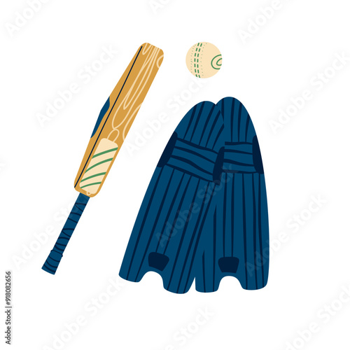 Cricket equipment isolated on white background. Bat, ball and cricket leg pads. Vector hand drawn flat illustration
