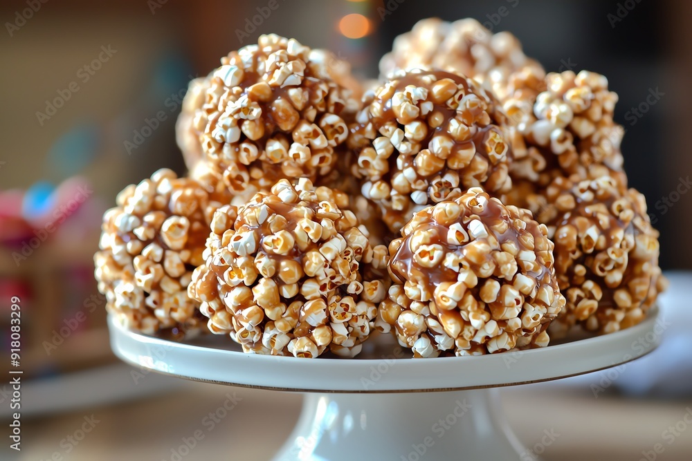 Close-up of caramel popcorn balls on a white plate. Close-up of caramel popcorn balls on a white plate.
