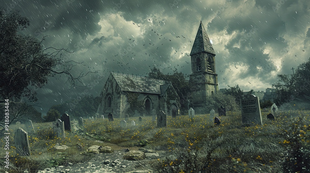 Fototapeta premium A haunted churchyard under a stormy sky, with gravestones casting long, sinister shadows.