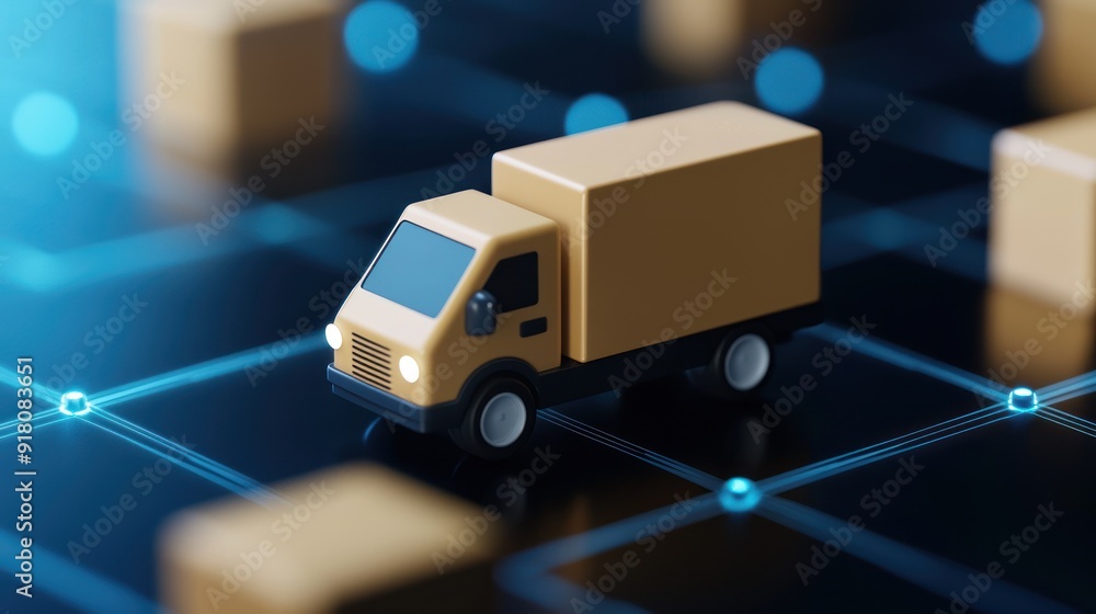 A detailed view of a delivery truck surrounded by digital boxes, symbolizing logistics and transportation in a modern environment. A detailed view of a delivery truck surrounded by digital boxes, symbolizing logistics and transportation in a modern environment.