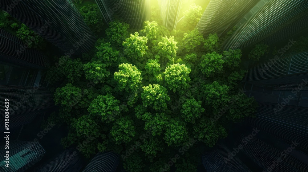 Aerial view of vibrant green foliage surrounded by tall buildings, showcasing the beauty of nature in an urban environment. Aerial view of vibrant green foliage surrounded by tall buildings, showcasing the beauty of nature in an urban environment.