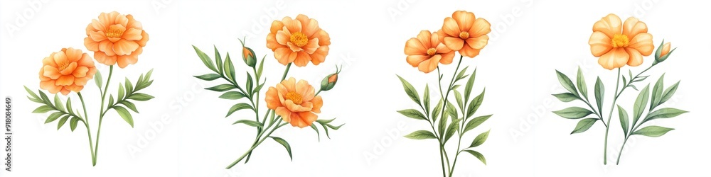 Beautiful orange marigold flowers with green leaves, perfect for decorations, illustrations, and floral designs. Beautiful orange marigold flowers with green leaves, perfect for decorations, illustrations, and floral designs.