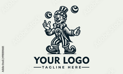 Smiling clown juggling balls while holding a paintbrush vector logo Smiling clown with balls juggles and paints. Perfect for circus, entertainment, performance, or childrens party concept designs. 