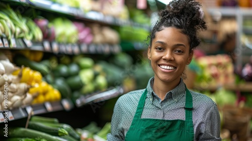 Smiling Grocery Store Employee in Green Apron in Fresh Produce Aisle of Supermarket