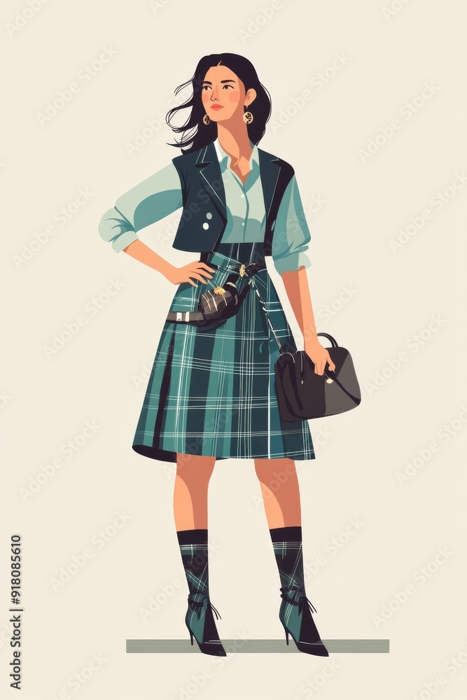 Minimalism illustration, a Scottish woman, wearing a tartan kilt in green and blue with a matching blouse, standing with one hand on her hip, traditional fashion, flat illustration on muted gray Minimalism illustration, a Scottish woman, wearing a tartan kilt in green and blue with a matching blouse, standing with one hand on her hip, traditional fashion, flat illustration on muted gray