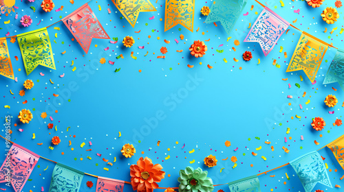  Mexican Fiesta design with blue isolated background, Festive background with colorful bunting balloons and confetti Ideal for celebrations parties ,copy space.