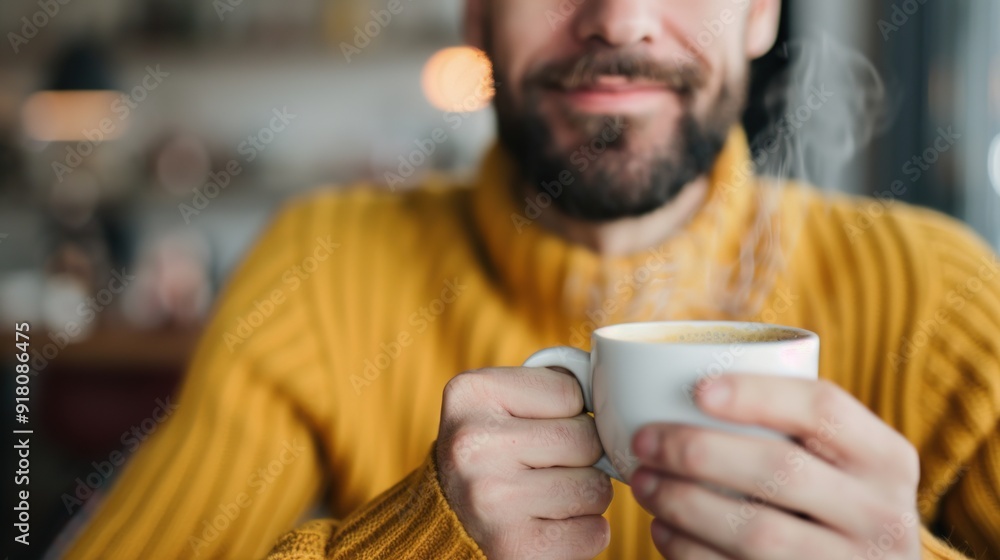 Handsome Bearded Man Enjoying Coffee in Cozy Cafe Handsome Bearded Man Enjoying Coffee in Cozy Cafe