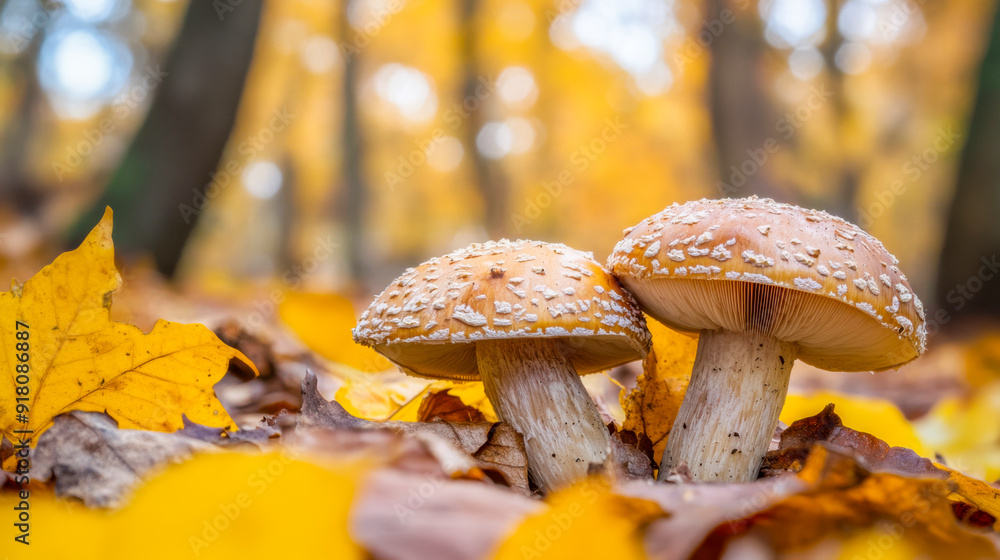 Two mushrooms growing among fallen yellow leaves in a forest during autumn Two mushrooms growing among fallen yellow leaves in a forest during autumn