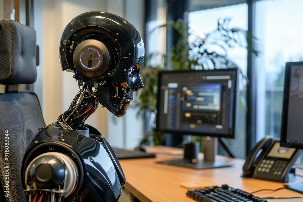 A futuristic robot sits in an office chair looking at a computer screen A futuristic robot sits in an office chair looking at a computer screen