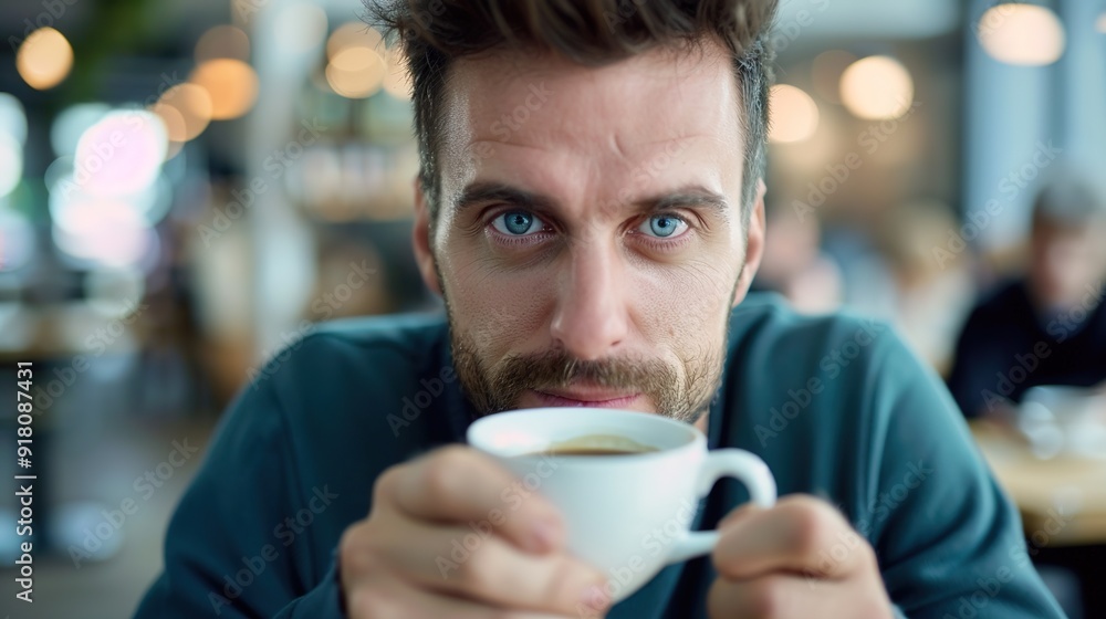 Charming Man Enjoying Coffee in Trendy Cafe with Creative Interior Charming Man Enjoying Coffee in Trendy Cafe with Creative Interior