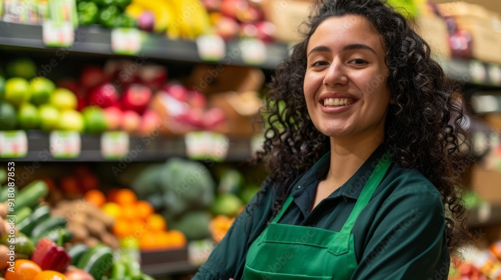 Smiling Female Employee in Green Apron at Vibrant Grocery Store Produce Section Smiling Female Employee in Green Apron at Vibrant Grocery Store Produce Section