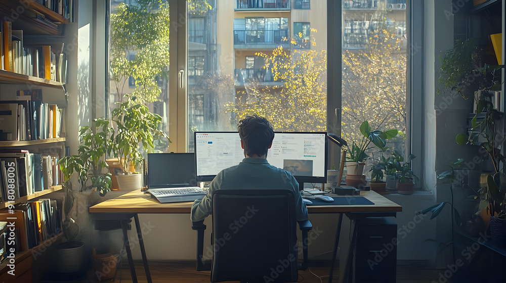 Man working at a desk with a laptop and two monitors. Man working at a desk with a laptop and two monitors.