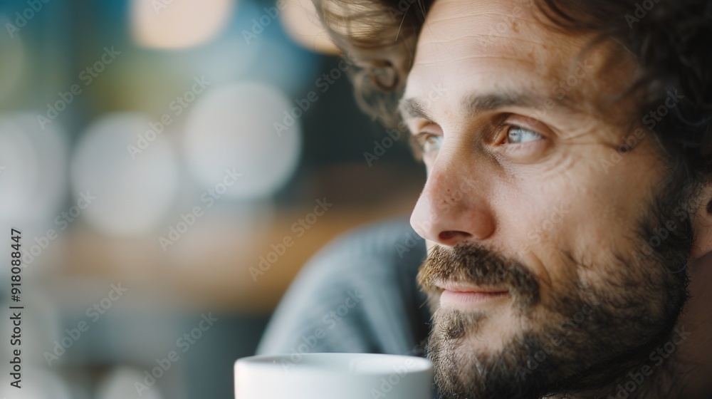 Contemplative Man Enjoying Coffee in a Tranquil Cafe Setting Contemplative Man Enjoying Coffee in a Tranquil Cafe Setting