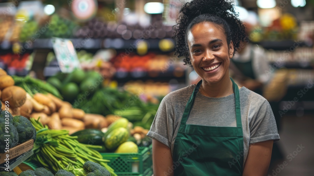 Smiling Grocery Store Worker Standing Near Fresh Vegetables Display in Market Smiling Grocery Store Worker Standing Near Fresh Vegetables Display in Market