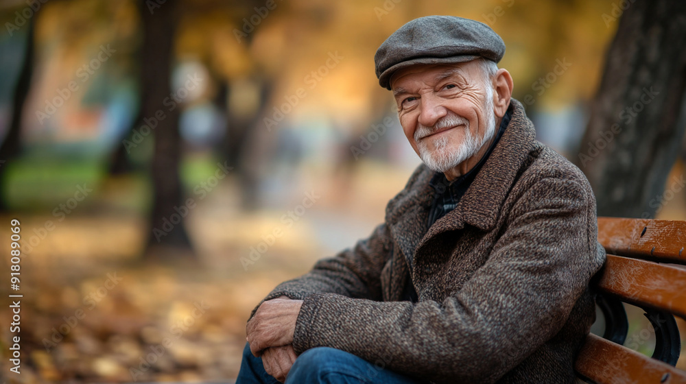 The relaxed expression of an old man smiling warmly while sitting on a bench in an autumn park. Generative AI
The relaxed expression of an old man smiling warmly while sitting on a bench in an autumn park. Generative AI