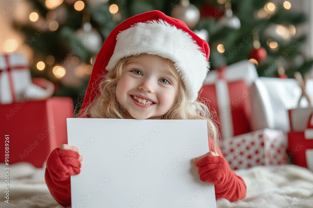 Merry Christmas and New Year cute child dressed as Santa Claus holding advertising sign Christmas, Holidays, end of year parties December celebration Merry Christmas and New Year cute child dressed as Santa Claus holding advertising sign Christmas, Holidays, end of year parties December celebration