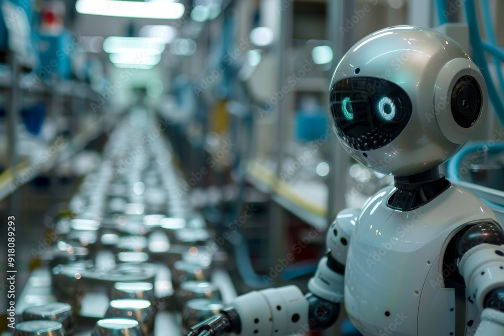 A close-up of a robotic assistant working on a production line in a factory A close-up of a robotic assistant working on a production line in a factory