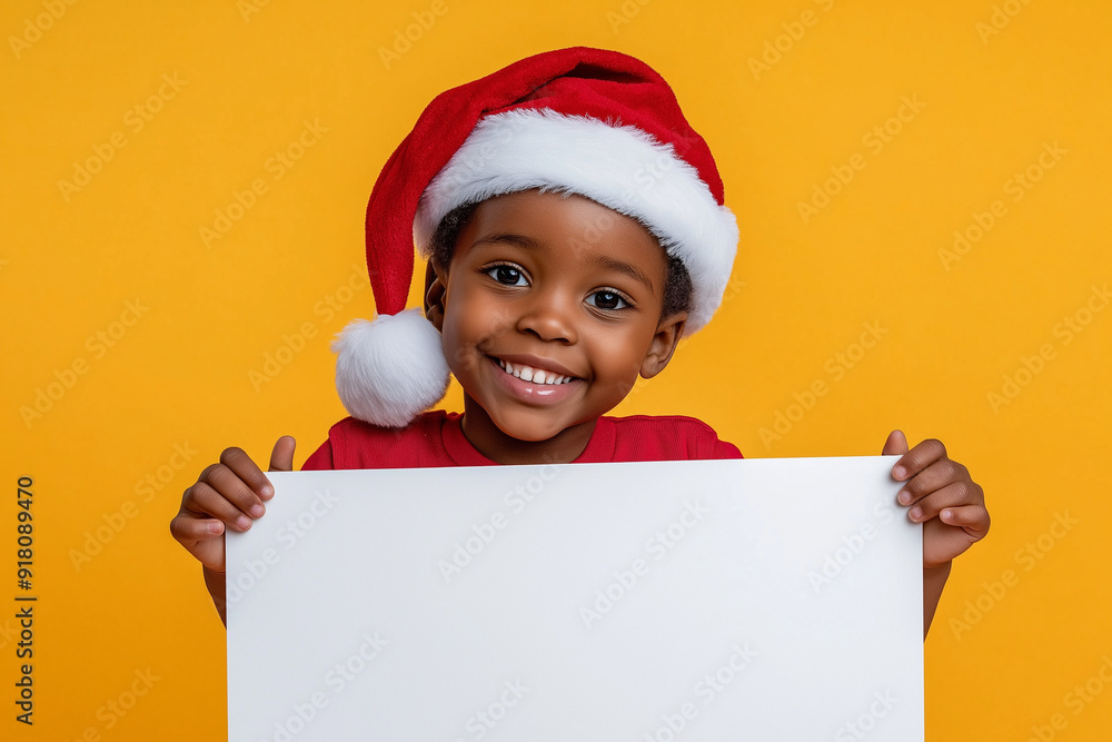 Merry Christmas and New Year cute child dressed as Santa Claus holding advertising sign Christmas, Holidays, end of year parties December celebration Merry Christmas and New Year cute child dressed as Santa Claus holding advertising sign Christmas, Holidays, end of year parties December celebration