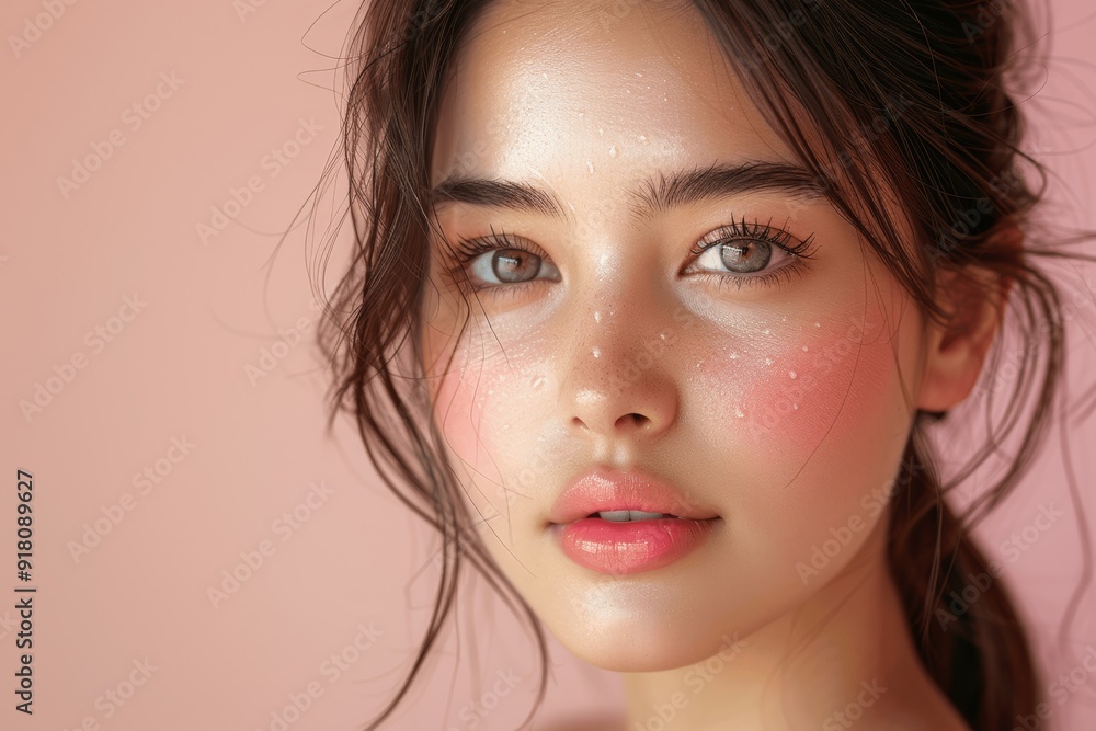 Young Asian woman with flawless skin after facial treatment on beige background, model with long hair and Korean makeup style Young Asian woman with flawless skin after facial treatment on beige background, model with long hair and Korean makeup style