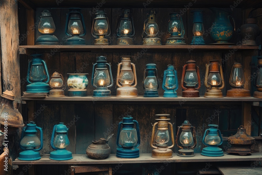 A Collection of Antique Oil Lamps on Wooden Shelves A Collection of Antique Oil Lamps on Wooden Shelves