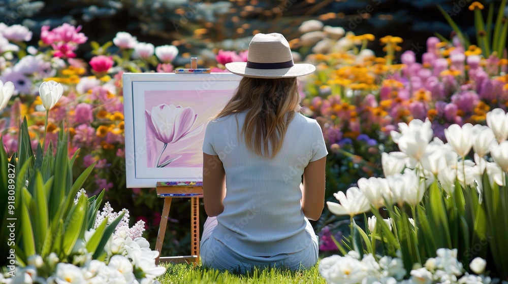 Fototapeta premium Serene Woman Painting Outdoors Surrounded by Blooming Flowers in a Garden