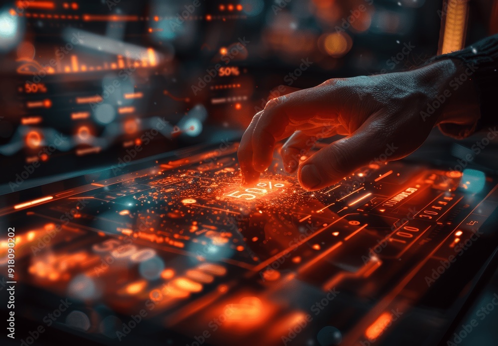 Man using tablet with data floating for online shopping and tech concept Man using tablet with data floating for online shopping and tech concept