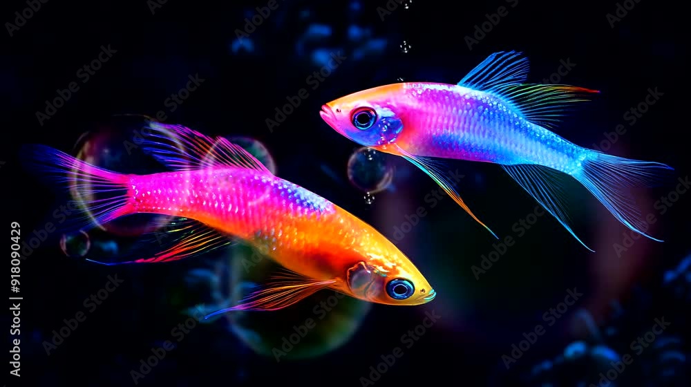 Seamless looping 4k time-lapse animation video background of neon-colored fish swimming gracefully in dark water with glowing bubbles. Underwater and marine life concept Seamless looping 4k time-lapse animation video background of neon-colored fish swimming gracefully in dark water with glowing bubbles. Underwater and marine life concept