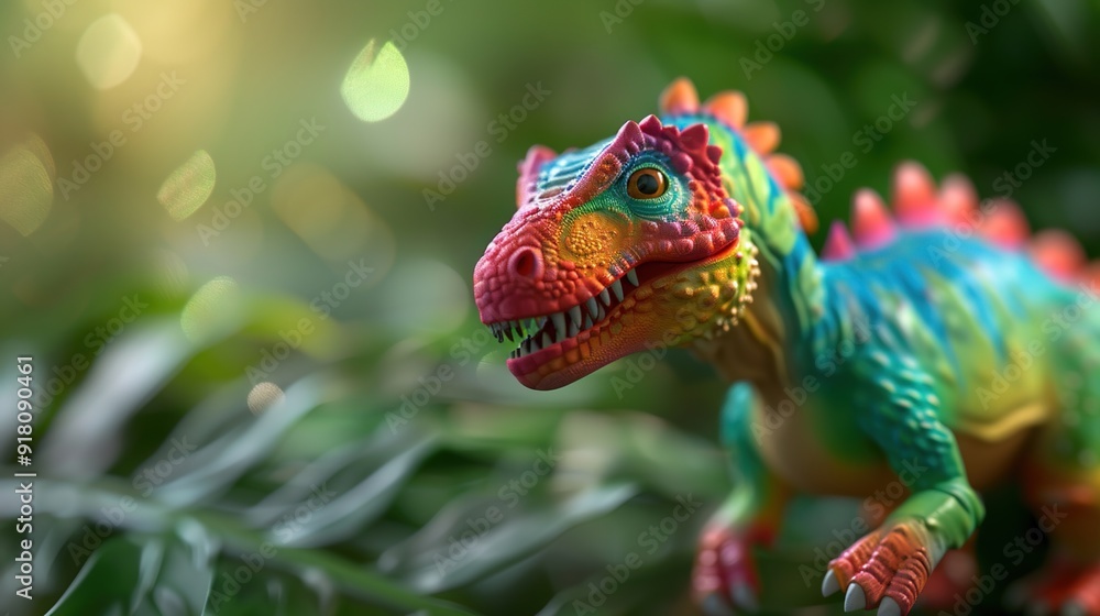 Playful 3D Toy Dinosaur in Vibrant Jungle Setting - Detailed and Colorful Prehistoric Model Playful 3D Toy Dinosaur in Vibrant Jungle Setting - Detailed and Colorful Prehistoric Model
