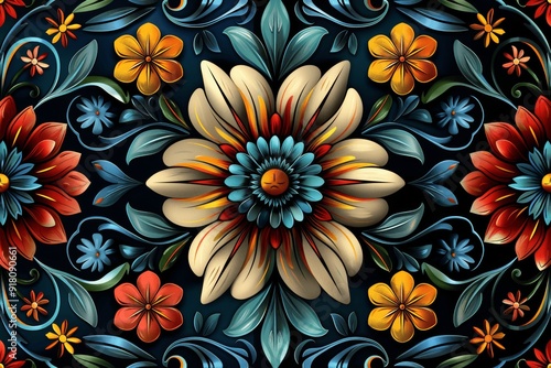 Vibrant Mexican Talavera Inspired Pattern with Symmetrical Designs in Bold Colors