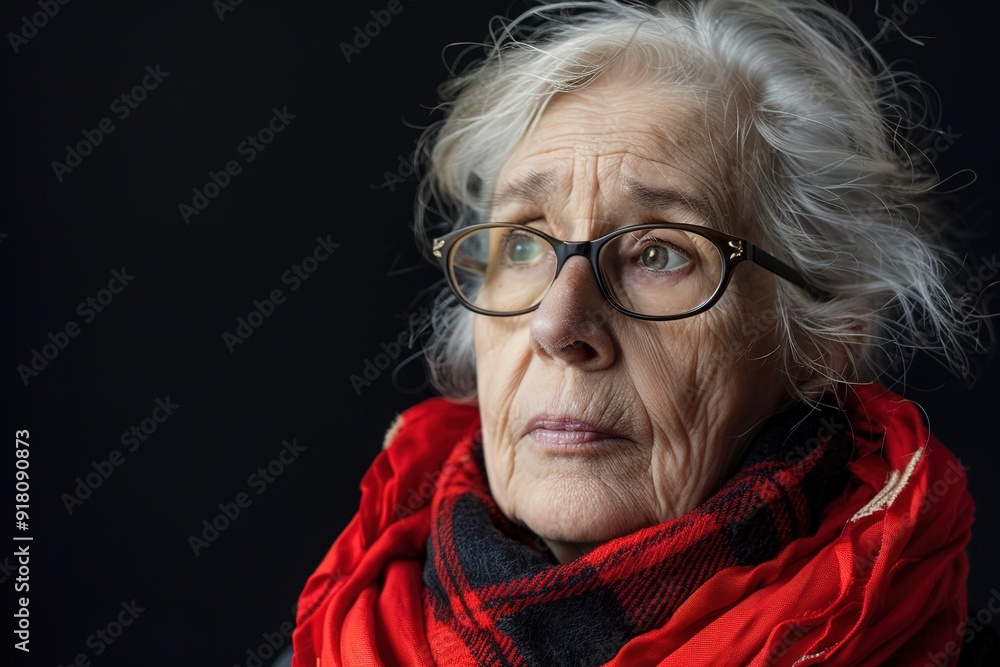 Elderly woman with glasses and red scarf looking pensive. Elderly woman with glasses and red scarf looking pensive.