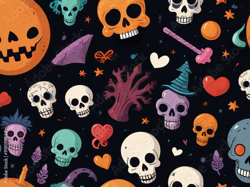 Spooky skulls cartoon pattern illustration, halloween clip art wallpaper