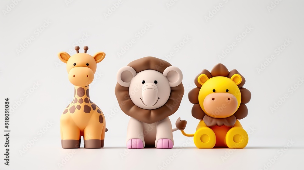 Whimsical 3D Animal Toy Trio - Lion, Elephant, and Giraffe in Playful Group Setting Whimsical 3D Animal Toy Trio - Lion, Elephant, and Giraffe in Playful Group Setting