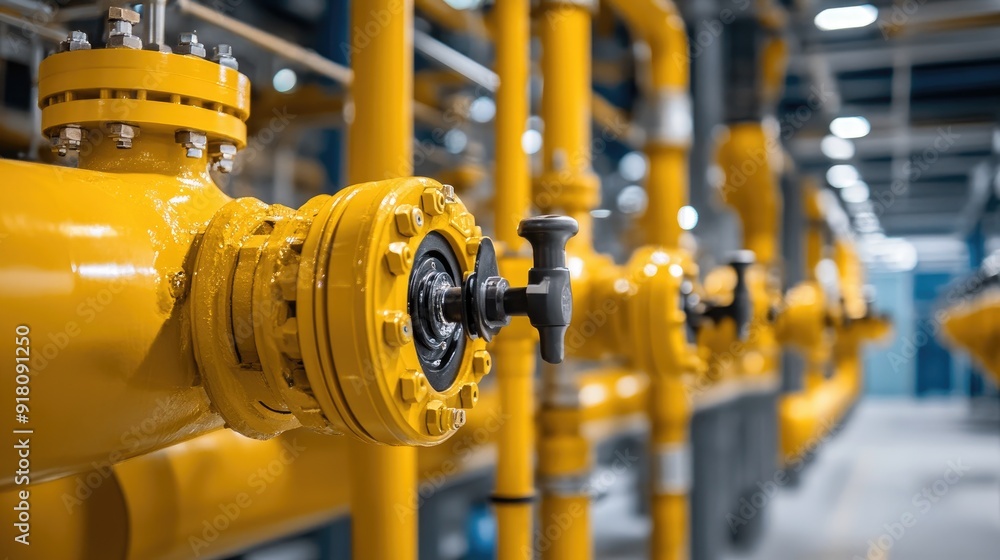 Gas plant infrastructure featuring yellow pipes and valves, showcasing the complex and essential control systems. Gas plant infrastructure featuring yellow pipes and valves, showcasing the complex and essential control systems.