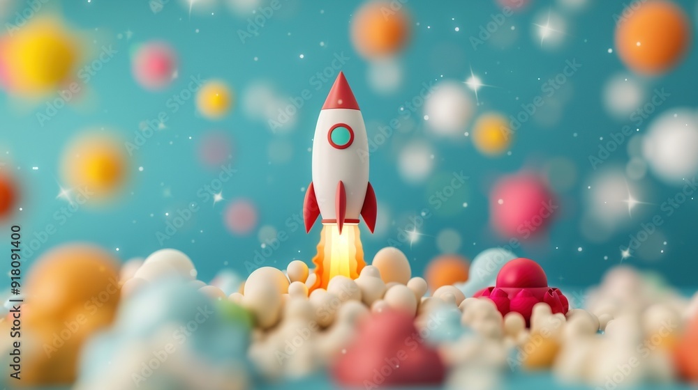 Vibrant Toy Rocket Launching into Cosmic Skies from Colorful Planet Surface - 3D Illustration Vibrant Toy Rocket Launching into Cosmic Skies from Colorful Planet Surface - 3D Illustration
