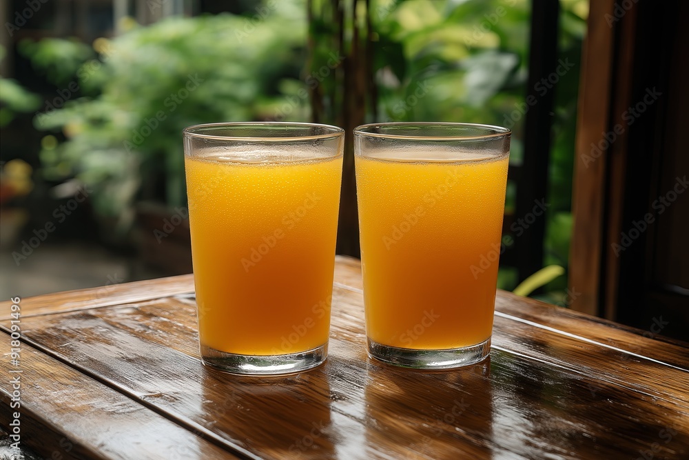 two glasses of fresh orange juice on table on blurred background two glasses of fresh orange juice on table on blurred background