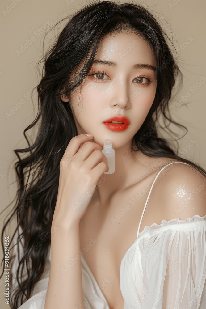 Young Asian Woman with Long Hair in White Dress with Korean Makeup on Beige Background Young Asian Woman with Long Hair in White Dress with Korean Makeup on Beige Background