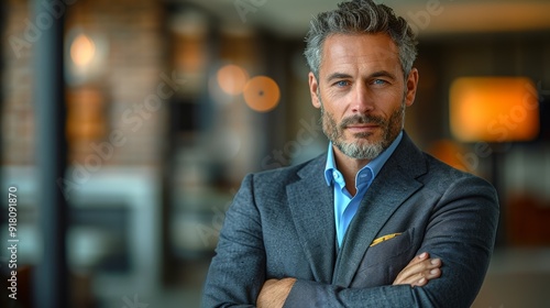 Confident businessman poses with arms crossed in a modern office setting during the day