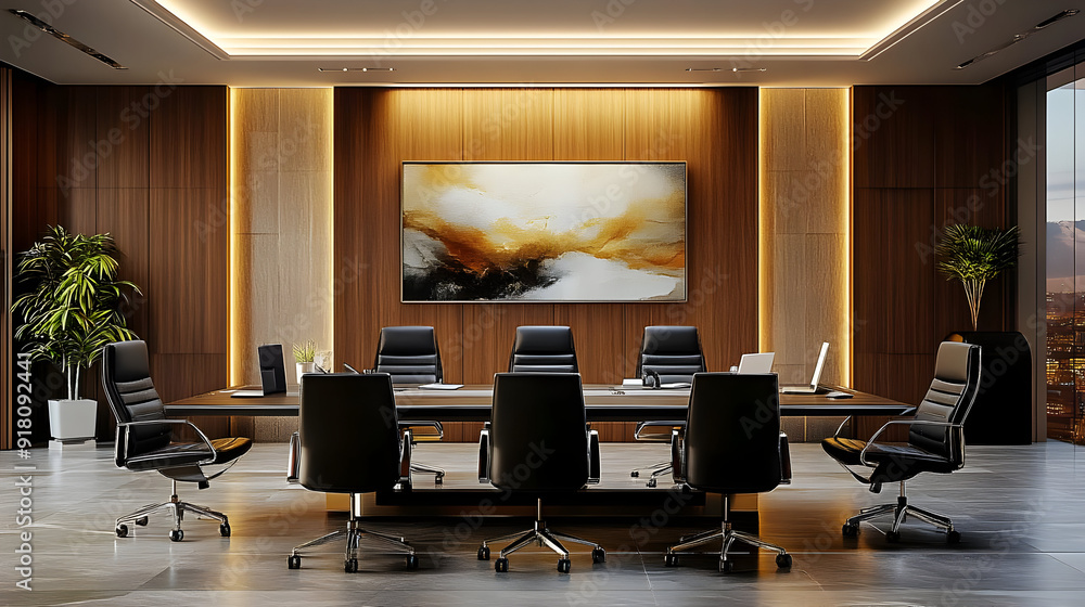 Modern boardroom interior design with wood paneling, abstract art, and sleek chairs. Modern boardroom interior design with wood paneling, abstract art, and sleek chairs.