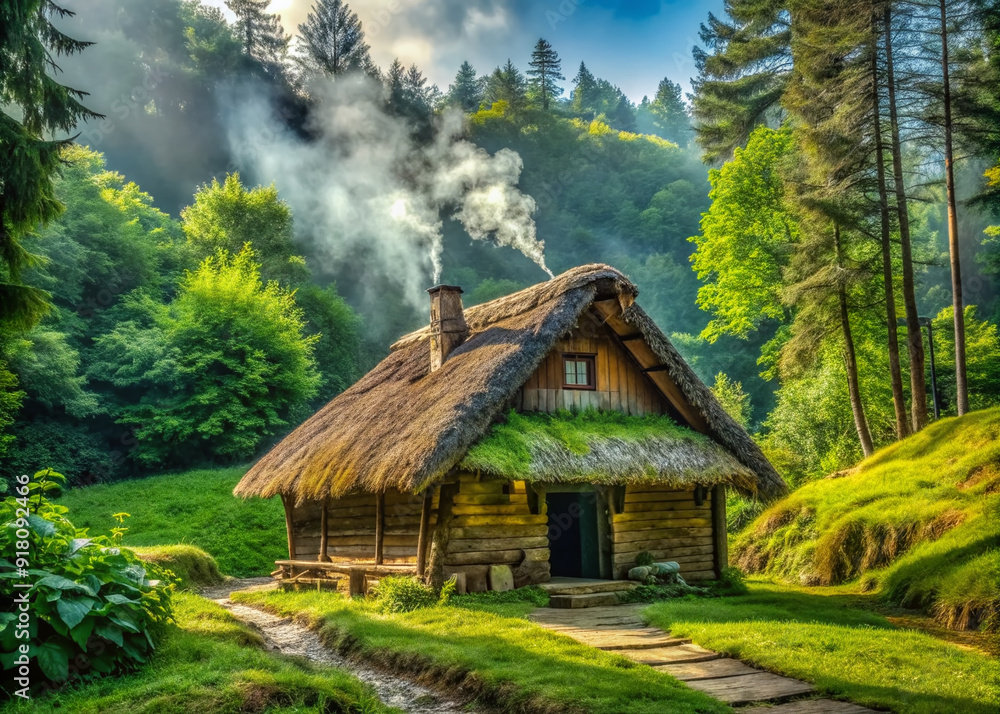 Rustic wooden hut with a thatched roof and smoke drifting out of the chimney, surrounded by lush greenery in a serene natural landscape. Rustic wooden hut with a thatched roof and smoke drifting out of the chimney, surrounded by lush greenery in a serene natural landscape.