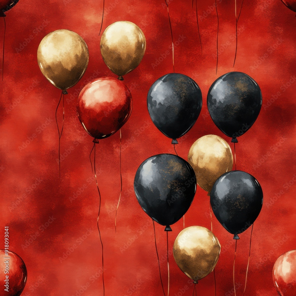 Watercolor black and gold balloons on deep red backdrop seamless repeating pattern, minimal pattern, high contrasty Watercolor black and gold balloons on deep red backdrop seamless repeating pattern, minimal pattern, high contrasty