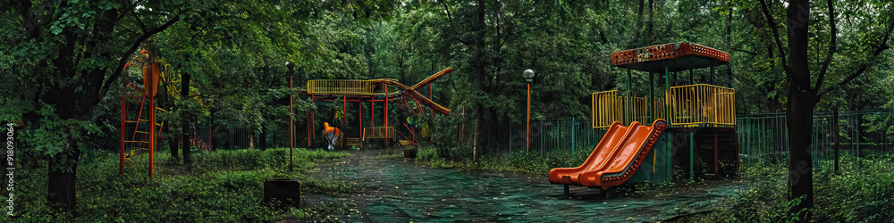 An empty amusement park nestled among dense forests, awaiting the return of visitors and laughter. An empty amusement park nestled among dense forests, awaiting the return of visitors and laughter.