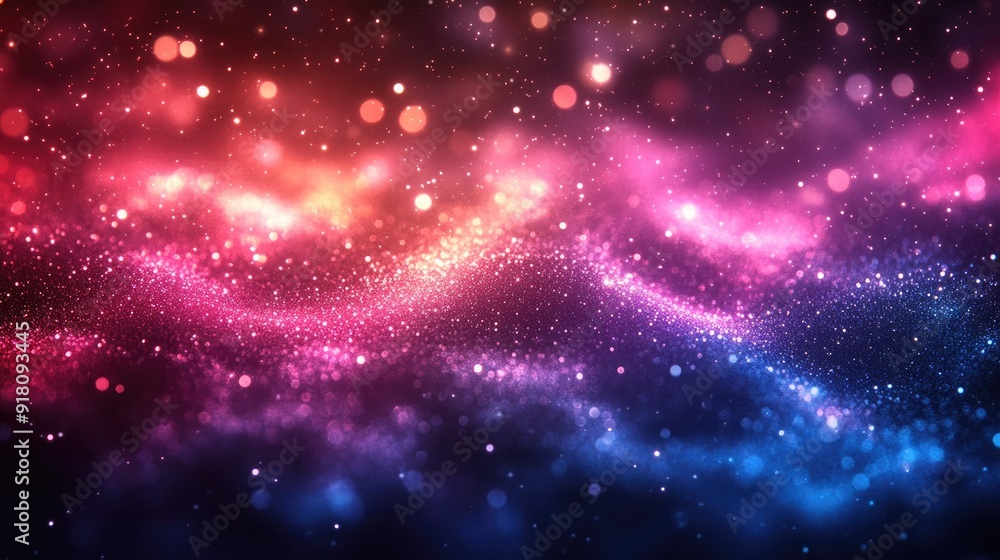 Fototapeta premium Galaxy-inspired sparkling background with deep blue and purple tones, scattered with twinkling stars and cosmic light effects