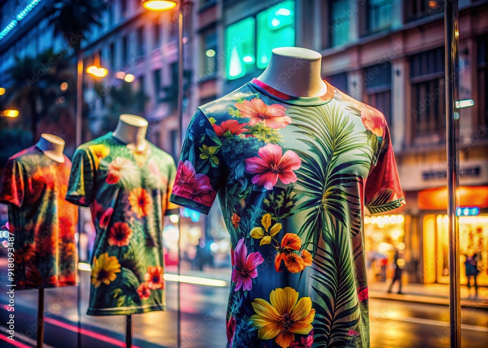 Vibrant casual t-shirts with tropical floral prints hang from a shop window, reflected in the glass surrounded by urban cityscape, neon lights, and concrete pavement. Vibrant casual t-shirts with tropical floral prints hang from a shop window, reflected in the glass surrounded by urban cityscape, neon lights, and concrete pavement.