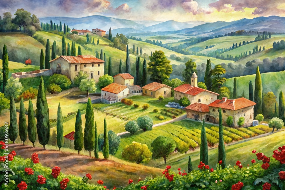 Φωτογραφία Panoramic view of green valley landscape with brick houses, vineyards, groves, poppies and cypress trees, front view