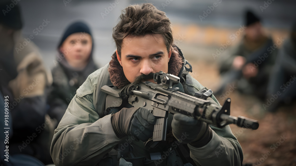 A young man in military attire aims a rifle, focused and intense. He is surrounded by others in a training environment, with a blurred background suggesting a tactical setting. A young man in military attire aims a rifle, focused and intense. He is surrounded by others in a training environment, with a blurred background suggesting a tactical setting.