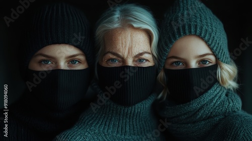 This image features three people clad in knitted hats and sweaters, with a central figure notably having blonde hair, highlighting individuality within unity. photo