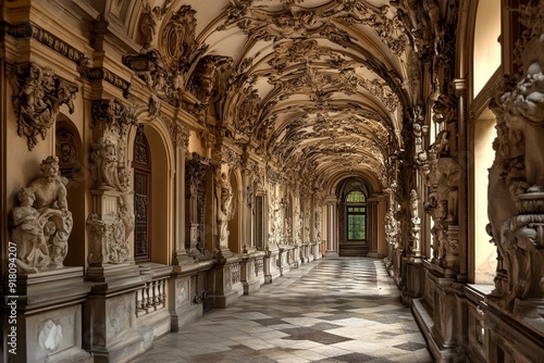 Visitors admire the ornate Baroque arcade filled with detailed sculptures and elegant architecture. Generative AI