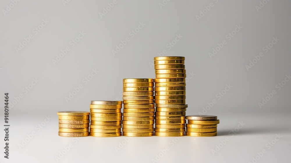 Growing Stack of Gold Coins Symbolizing Investment Growth on White Background Growing Stack of Gold Coins Symbolizing Investment Growth on White Background
