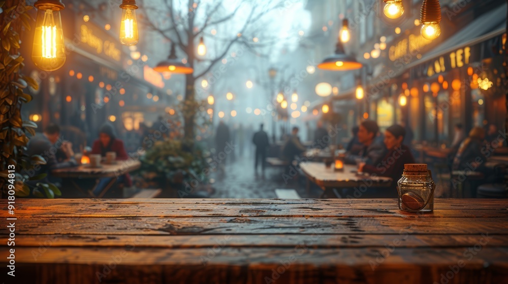 Cozy outdoor cafe during dusk with warm lighting and patrons enjoying the ambiance in a bustling urban setting