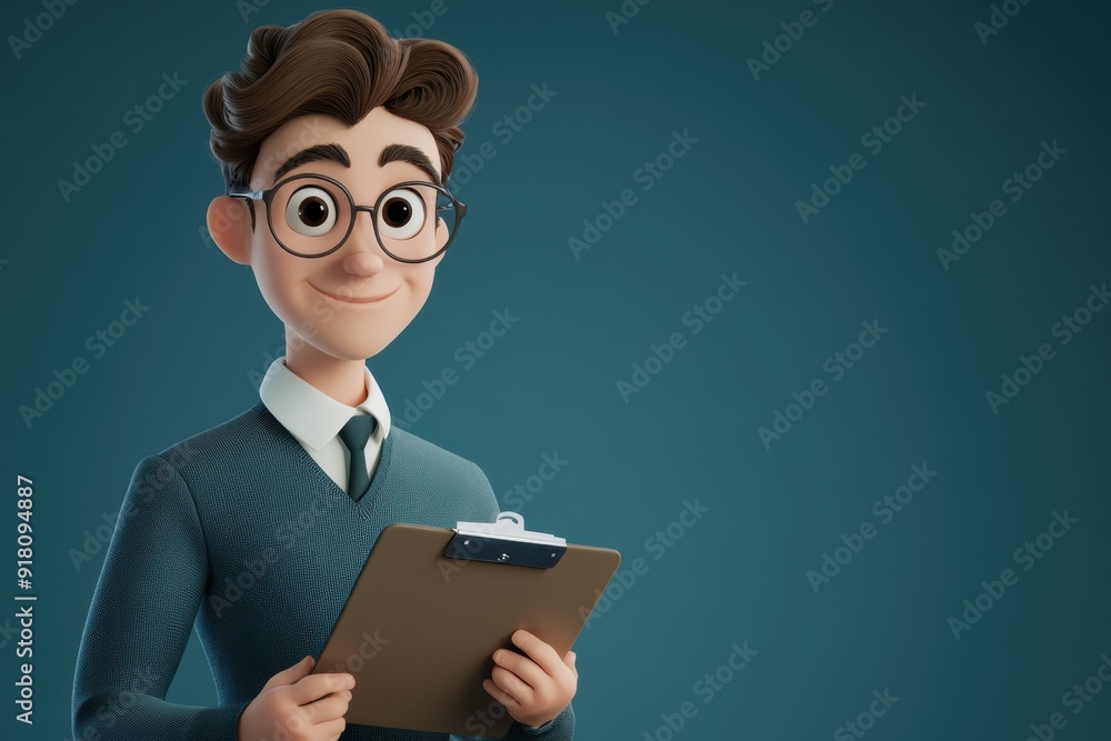 3D character close up portrait of a young businessman holding a clipboard, with a blue gradient background, copy space, cartoon style, in the style of 3d design 3D character close up portrait of a young businessman holding a clipboard, with a blue gradient background, copy space, cartoon style, in the style of 3d design